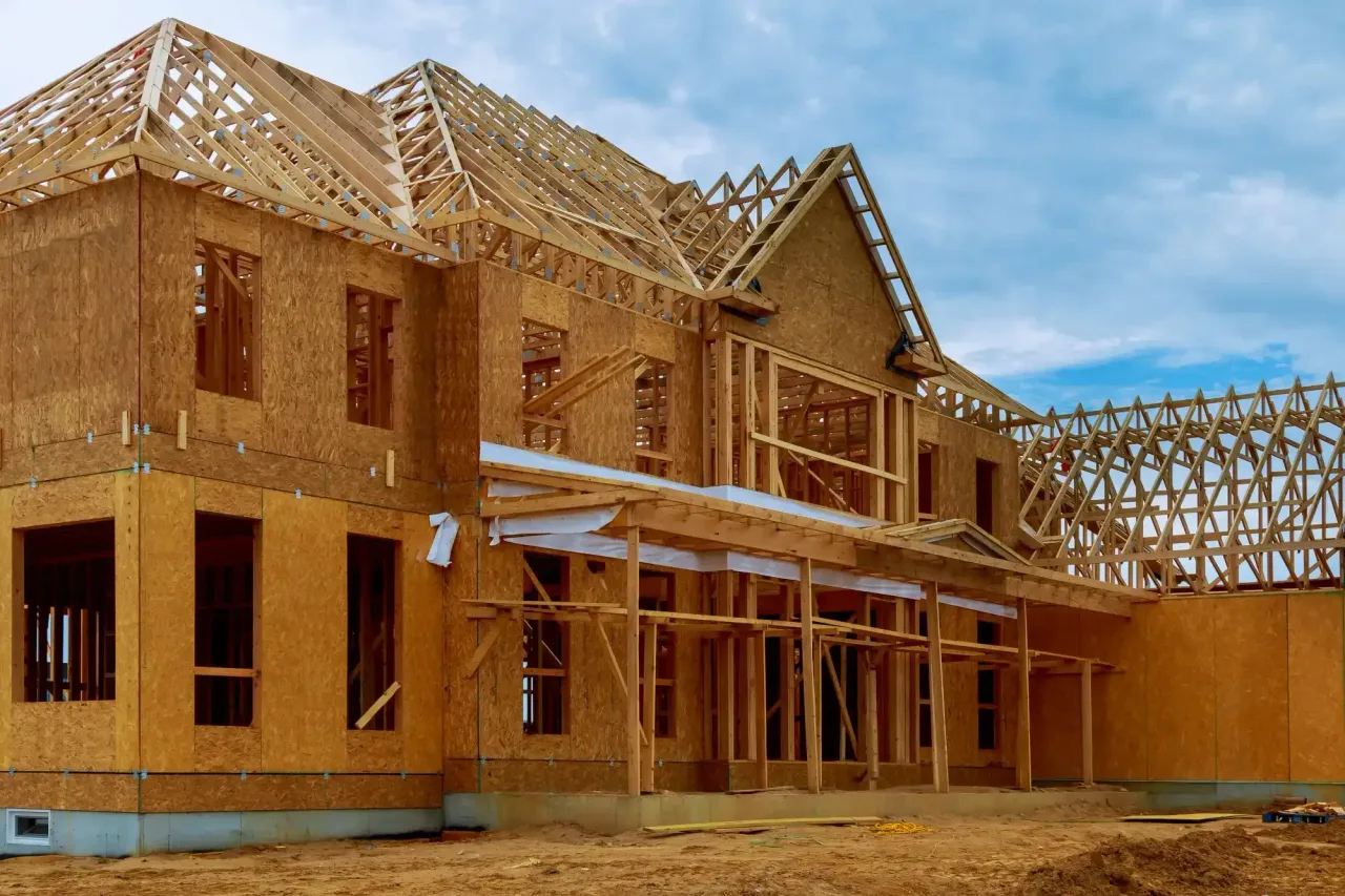 Wood-framed two-story house under construction