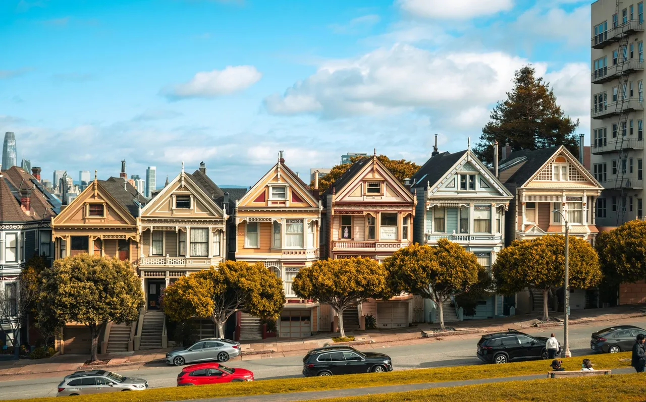 Row of colorful Victorian houses